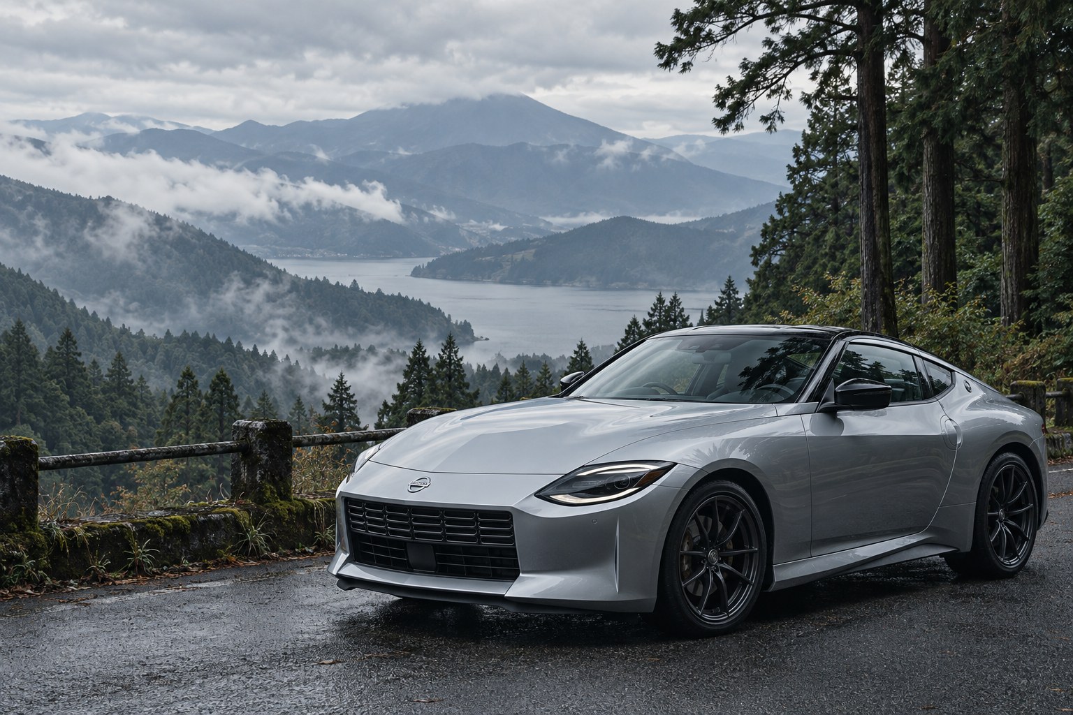 Concept illustration of a silver Fairlady Z on a quiet Japanese mountain road